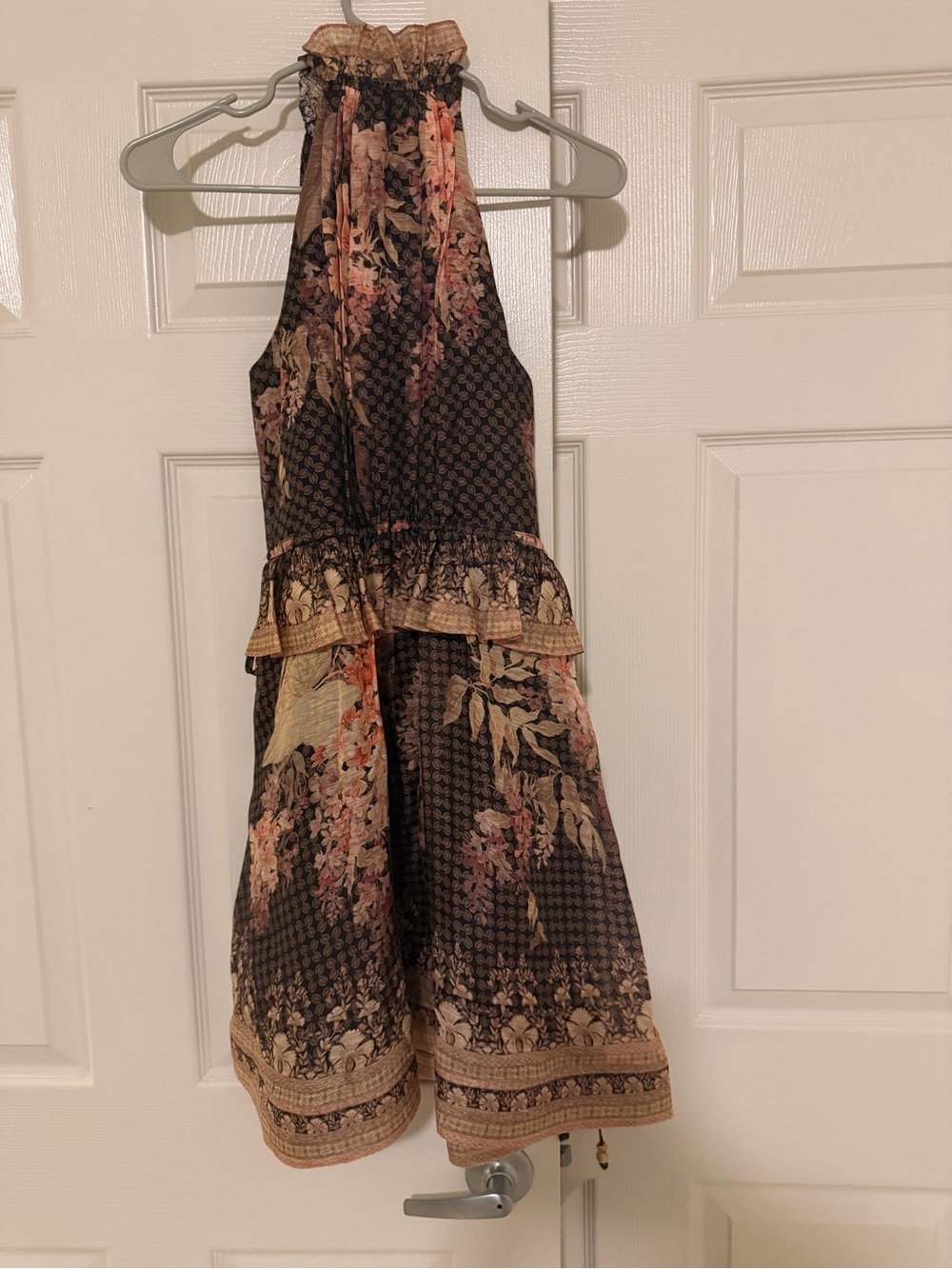 Zimmermann Floral Halter Ruffled Mini Dress in Brown and Pink - Picture 8 of 9